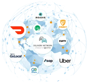 A globe network diagram showing the logos of the delivery providers on Elite EXTRA's Delivery Network