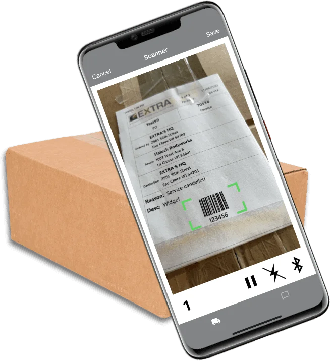 Image of a mobile app scanning a package bar code for chain of custody