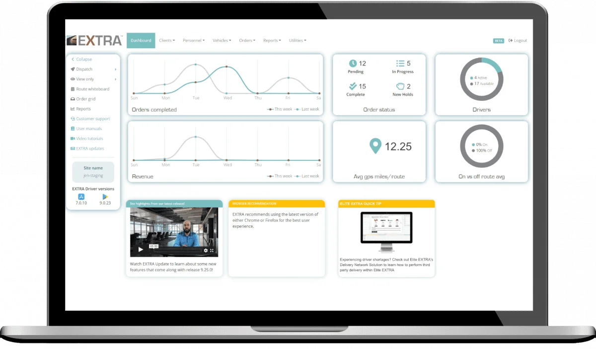 Image of the Elite EXTRA Routing & Dispatch dashboard on a laptop screen