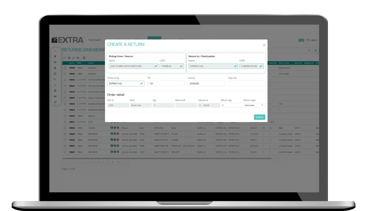 Image of creating a return on the returns dashboard