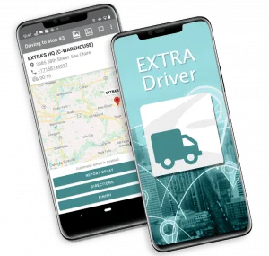 Two mobile devices with the EXTRA Driver app screens on them