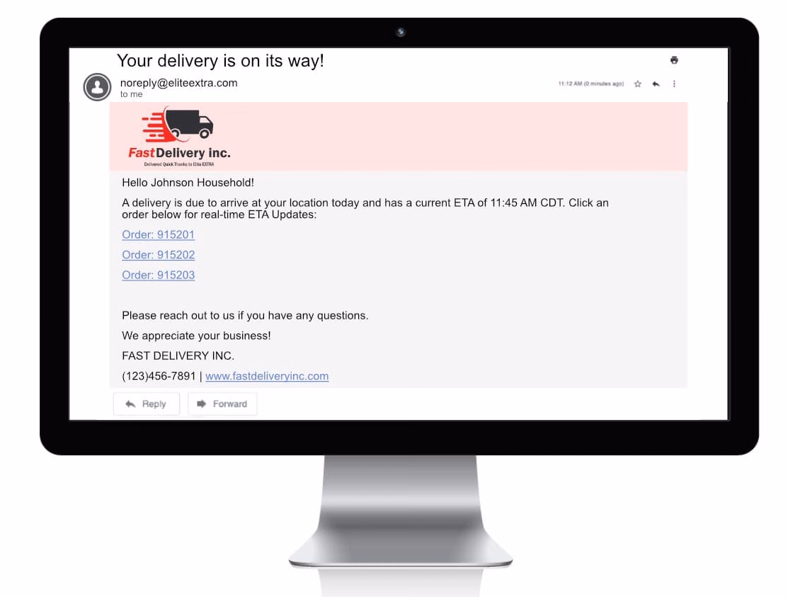 Delivery Notifications - delivery eta email on screen