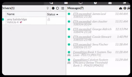 Driver and vehicle events/alerts displaying in a digital list powered by Azuga and Elite EXTRA