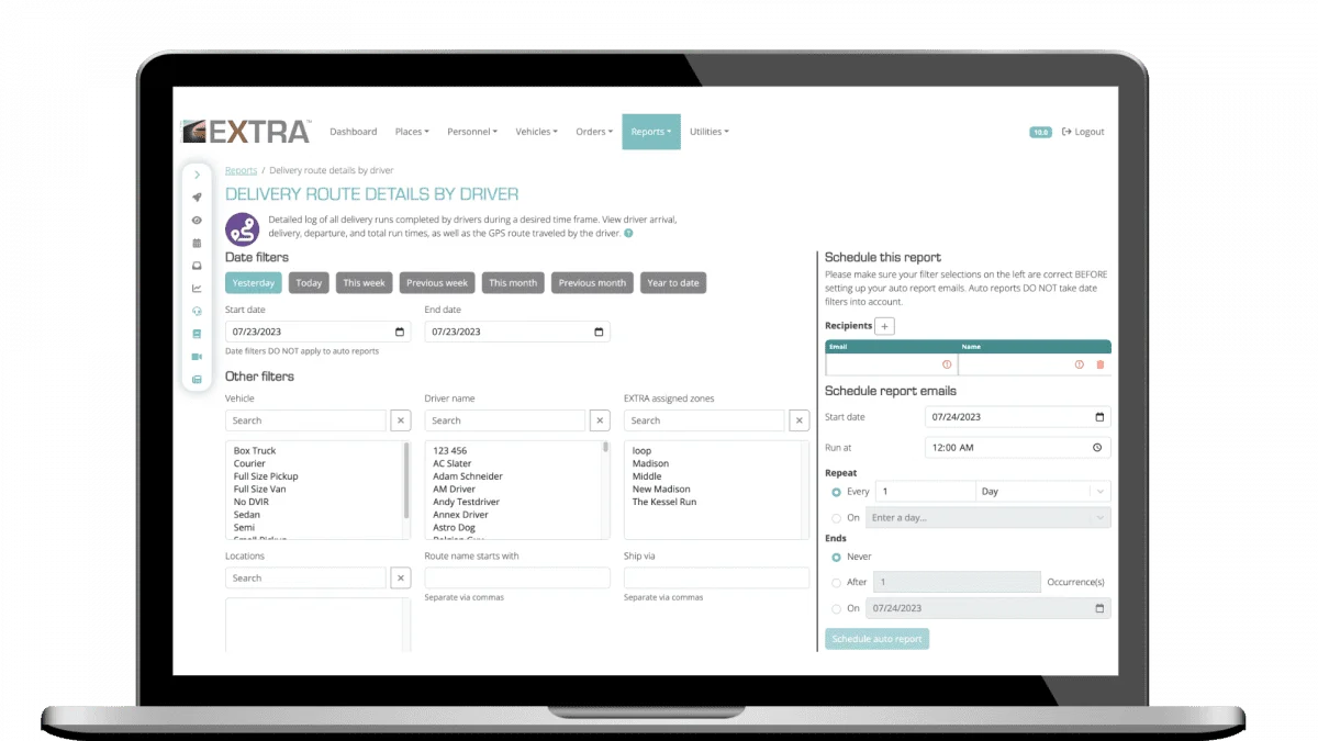 A report filtering and customization page on a laptop screen