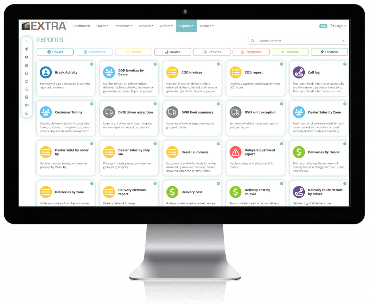 A list of logistics reports to choose from on a desktop screen