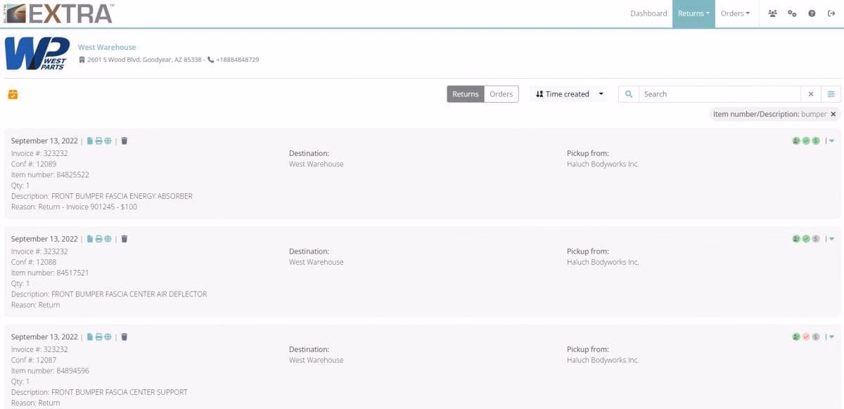 Customer Portal - Returns View - 10.17.22 Image of the Returns Automation customer portal