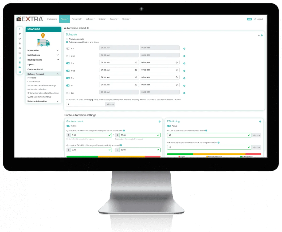 Delivery Network third-party automated dispatch rules on screen
