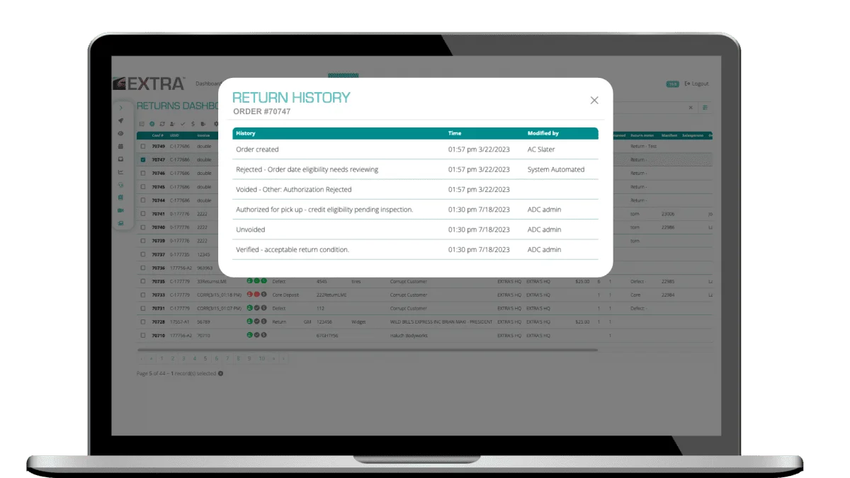 Return history on Returns Automation showing the automation history of a return