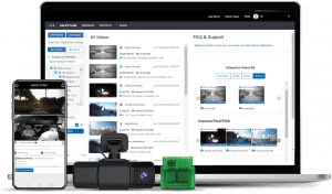 Image of Fleet Telematics software on a laptop and phone with dash camera and chip hardware in front