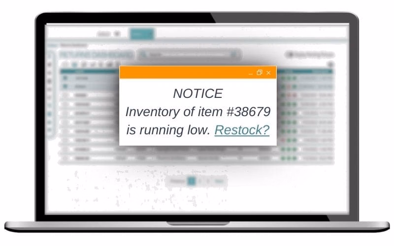 An alert appearing on a dashboard showing low inventory for a particular item