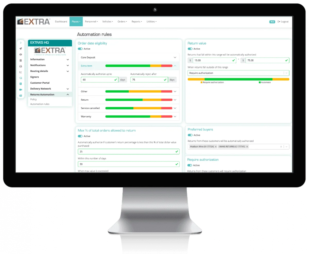 Returns policy automation settings screen in Returns Automation