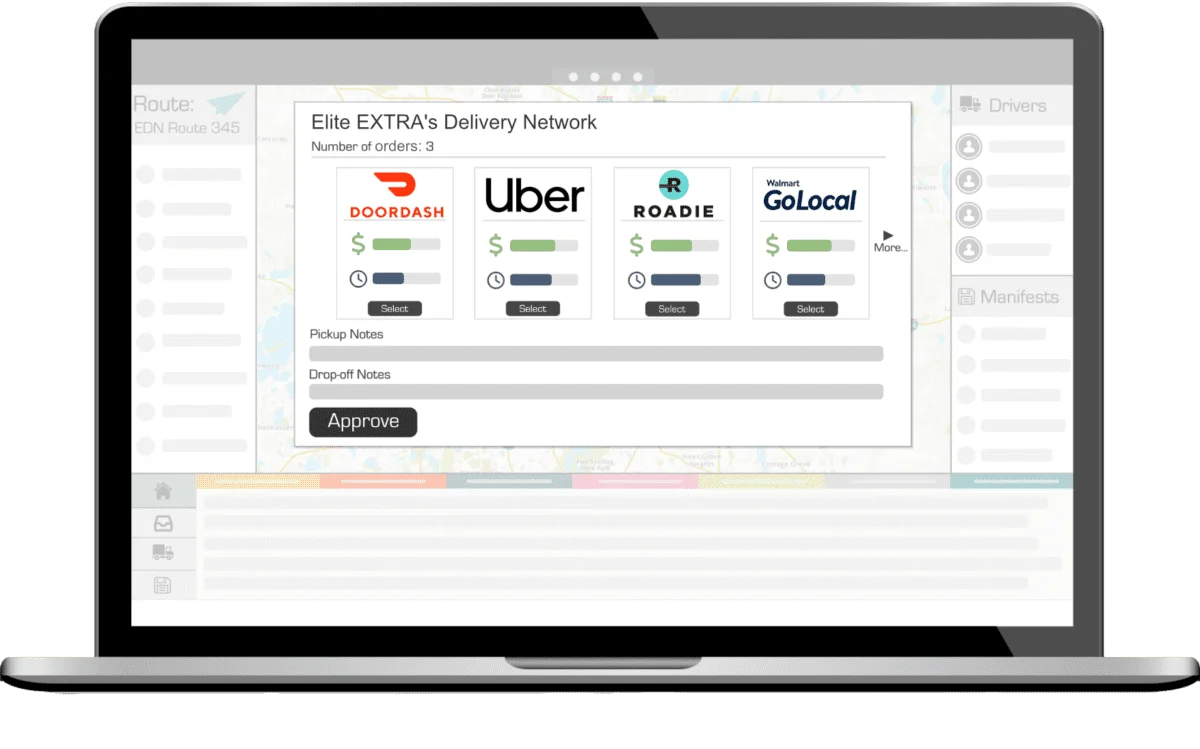 A mockup of Elite EXTRA's Delivery Network on a dispatch screen showing delivery providers and price/time comparisons