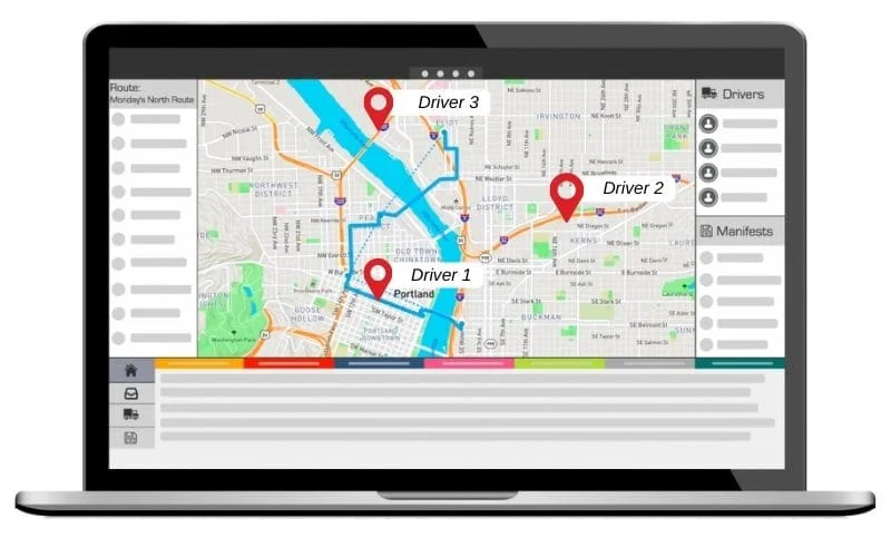 A graphic showing real-time parts delivery driver locations on a map screen
