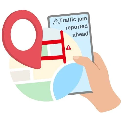 Graphic of a traffic congestion warning displaying on a driver's mobile device