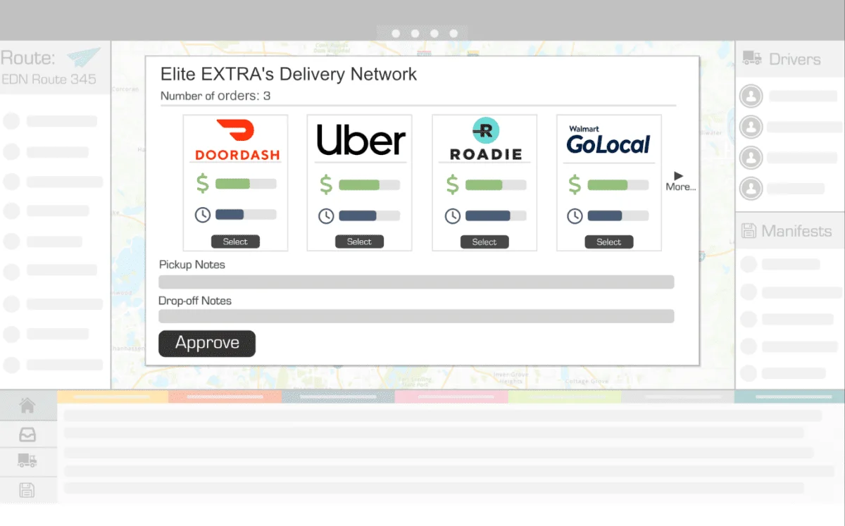 delivery-network-dispatch-screen-3 A mockup of Elite EXTRA's Delivery Network on a dispatch screen showing delivery providers and price/time comparisons